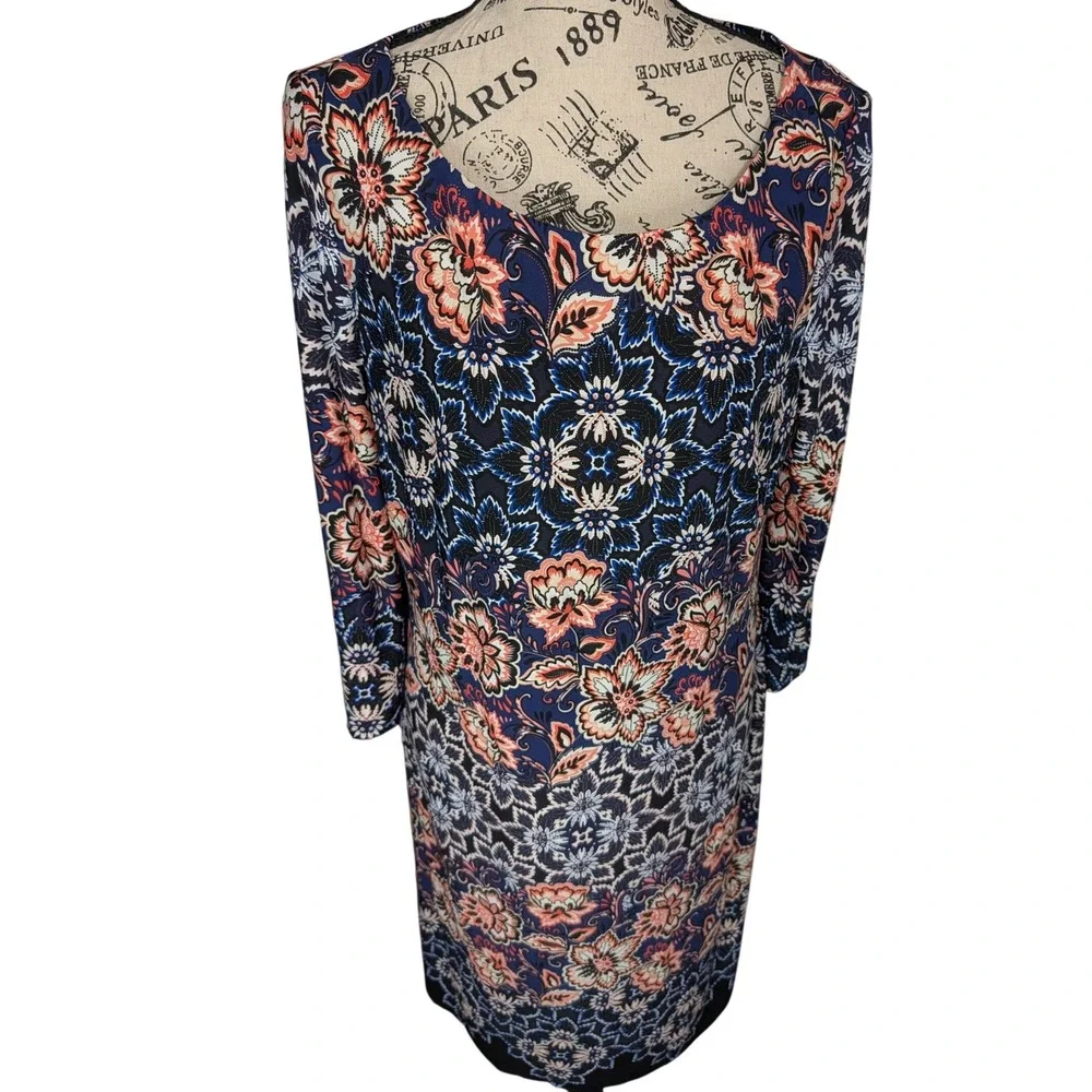 Laura‎ Jeffries Womens Navy Blue Coral Floral Medallion Sheath Dress Size 12